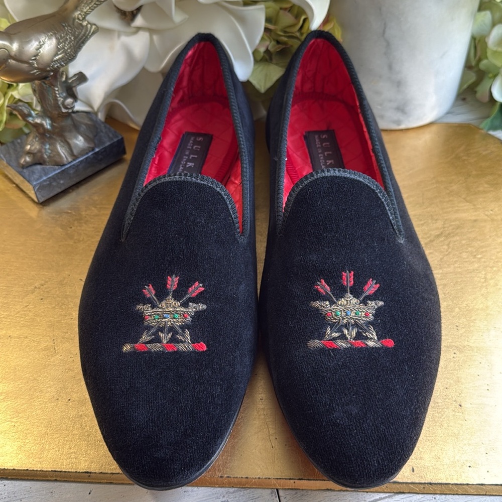 RARE! Sulka Handmade in England Velvet Embroidered Slippers